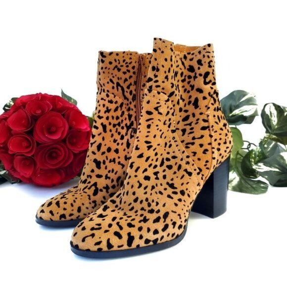 Animal Print Booties Cheetah Leopard Leather Boots Ankle Boho Fall Favroite - Picture 2 of 7